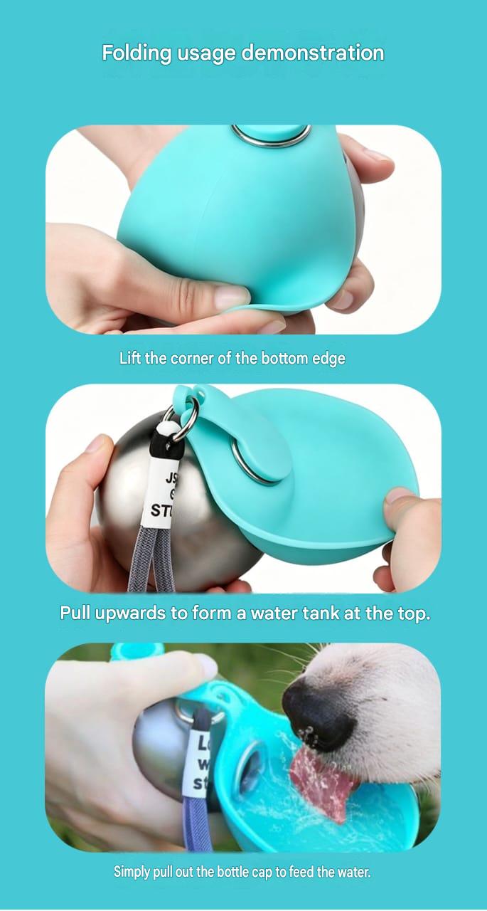 Pet Supplies Portable Water Bottle 304 Stainless Steel Hook-Shaped Spherical Foldable Water Dispenser with Backflow Prevention