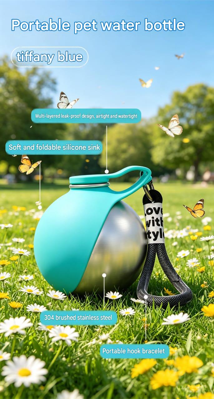 Pet Supplies Portable Water Bottle 304 Stainless Steel Hook-Shaped Spherical Foldable Water Dispenser with Backflow Prevention